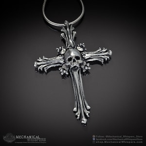 Skull Traditional Cross Pendant, Hand Polished (Skull Metal Bone Necklace Pendant Cross Biker Jewelry, Silver Jewelry Pendant, Skull Charm)
