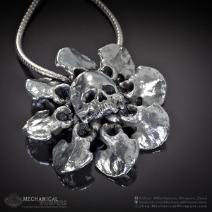 Skull Flower Pendant, Hand Polished (Skull Metal Bone Necklace Pendant Cross Biker Jewelry, Silver Sedlec Jewelry Pendant, Skull Charm)