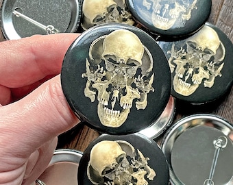 Beauchene Exploded Skull Pin Button (Osteology Exploded Human Bone Anatomy Oddities Memento Mori Printed Wearable Pin Button)