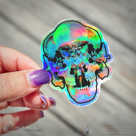 Holographic Beauchene Exploded Skull Vinyl Sticker Decal (Skull Shiny Silver Metal Goth Bone Necklace Biker Osteology Skull Chrome Rainbow)