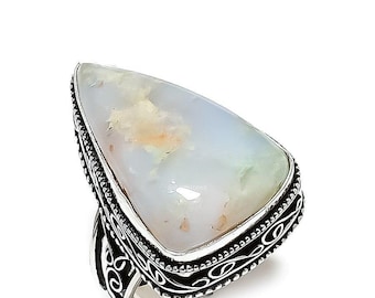 Bemerkenswerter Dendriten-Opal-Ring, Edelstein-Ring, weißer Bandring, Schmuck aus 925er Sterlingsilber, Jubiläumsgeschenk, Ring für Großmutter