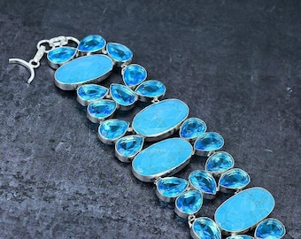 Natural Arizona Turquoise Bracelet, Blue Gemstone Bracelet, Chain Bracelet, 925 Sterling Silver Jewelry, Engagement Gift, Bracelet For Wife