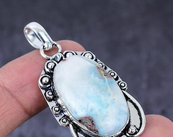 Natural Larimar Pendant,  Oval Shape Blue Gemstone Pendant,  925 Sterling Silver , Birthday Gift, Pendant For Her, Gift For Sister Birthday