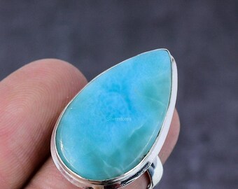 Handgefertigter natürlicher Larimar-Ring, Edelstein-Ring, blauer Bandring, 925 Sterling Silber Schmuck, Hochzeitsgeschenk, Ring für Freundin