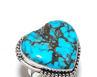 Natural Tibetan Turquoise Ring, Heart Shape Gemstone Ring, 925 Sterling Silver Ring, Wedding Gift, Ring For Girl Friend