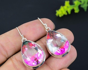 Set Orecchini Pendenti In Argento Placcato E Tormalina Rosa Bi-colore, Per Matrimonio, Luckyshine