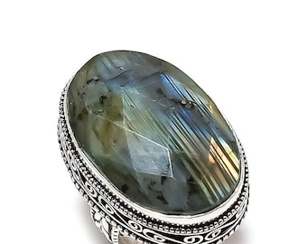 Exquisiter Labradorit-Ring, Edelstein-Ring, schwarzer Bandring, 925 Sterling Silber Schmuck, Hochzeitsgeschenk, Ring für Sie