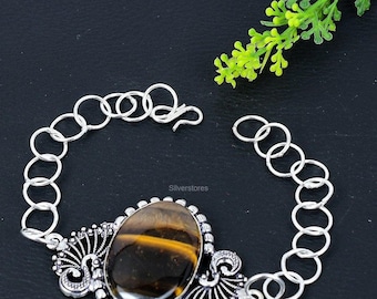 Faceted Tiger Eye Bracelet, Yellow Gemstone Bracelet, Chain Bracelet, 925 Sterling Silver Jewelry, Birthday Gift, Bracelet For Her