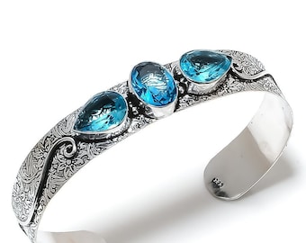 Valuable Swiss Blue Topaz Bracelet, Gemstone Bracelet, Blue Cuff Bracelet, 925 Sterling Silver Jewelry, Engagement Gift, Bracelet For Wife