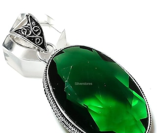 Faceted Chrome Art  Pendant,  Oval Shape Green Gemstone, 925 Sterling Silver, Green Stone Jwelery, Gift For Girl Friend,  Antique Pendant