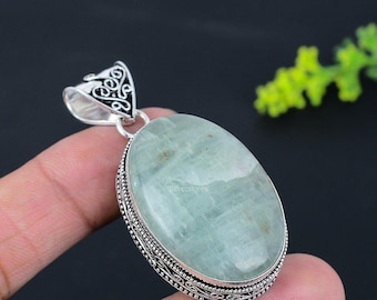 Natural Aquamarine Art Deco Pendant, Oval Shape Green Stone, 925 Sterling Silver, March Birthstone Jewelry, Antique Pendant For Girl Friend