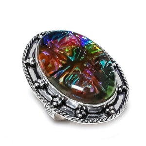Anillo de ammolita brillante, anillo de piedra preciosa multicolor, anillo de banda, joyería de plata de ley 925, regalo de aniversario, anillo para damas de honor