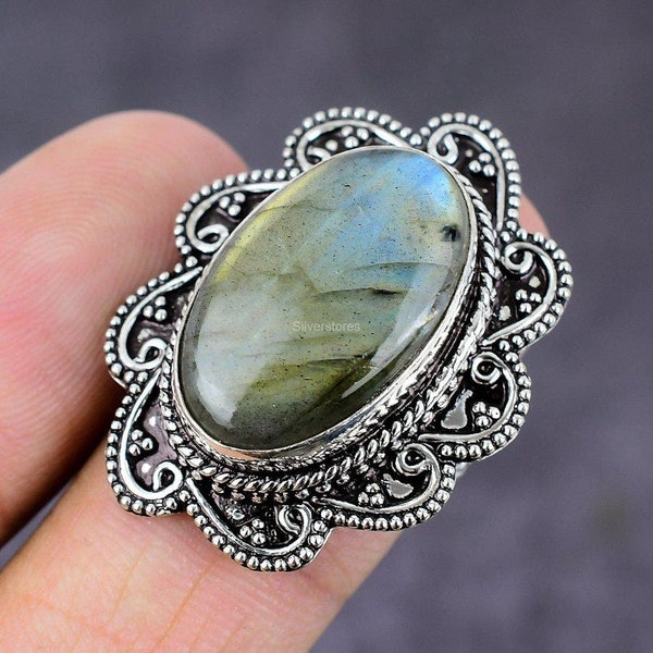 100% Genuine Labradorite Ring, Gemstone Ring, Black Band Ring, 925 Sterling Silver Jewelry, Engagement Gift, Ring For Her