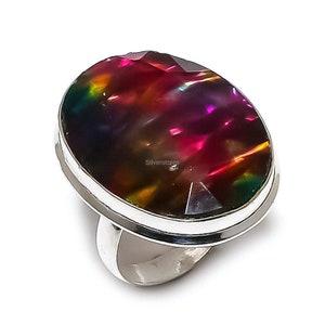 Anillo de ammolita natural, anillo de piedra preciosa multicolor, anillo de banda, joyería de plata de ley 925, regalo de compromiso, anillo para esposa