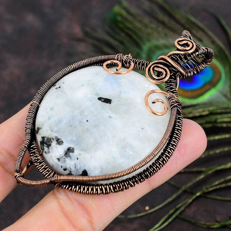 Valuable Natural Rainbow Moonstone Wire Wrap Pendant, Gemstone Pendant, White Pendant, Copper