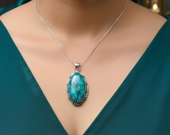 Chrysocolla Handmade Pendant 925 Sterling Silver Blue Stone Jewelry