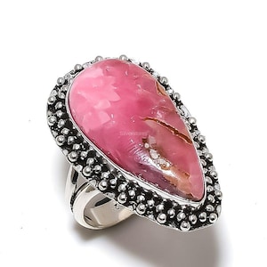 Anello artigianale in rodocrosite con pietra preziosa rosa, gioielli in argento sterling 925