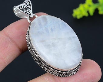 Natural Rainbow Moonstone Pendant, Oval Shape Cabochon Gemstone Pendant, 925 Sterling Silver Jewelry Ring, Wife Gift Birthday