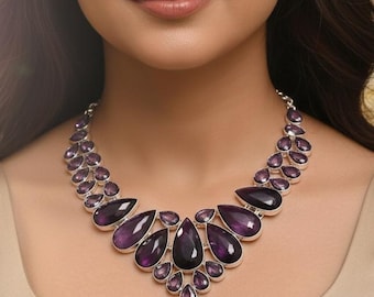 Natural Amethyst Necklace, Purple Gemstone Necklace, 925 Sterling Silver Jewelry Necklace, Anniversary Gift, Necklace For Love