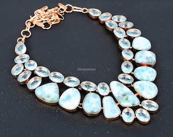 Rare Natural Larimar Wire Wrap Necklace, Gemstone Necklace, Blue Beaded Necklace, Copper Jewelry, Anniversary Gift, Necklace For Mother