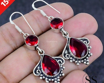 Faceted Garnet Earrings, Pear Shape Red Gemstones, 925 Sterling Silver Dangle Earring, January Birthstone Jewelry Gift For Her