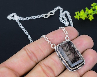 Elegant Rutilated Quartz Necklace, Black Gemstone Necklace, Chain Necklace, 925 Sterling Silver Jewelry, Anniversary Gift, Necklace For Love