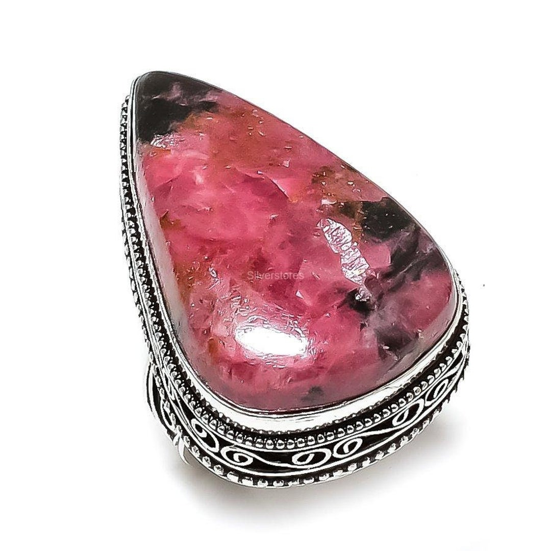 100% Genuine Rhodonite Ring, Pink Gemstone Ring, Band Ring, 925 ...