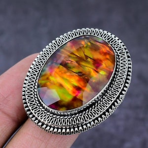 Anillo de ammolita natural, anillo de piedra preciosa multicolor, anillo de banda, joyería de plata de ley 925, regalo de cumpleaños, anillo para hija