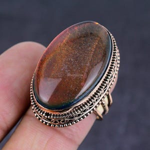 Anillo de ammolita natural brillante, talla 8, anillo de piedra preciosa, anillo multicolor, joyería de cobre, regalo de cumpleaños, anillo para mejor amiga