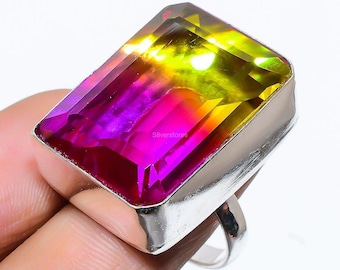 Faceted Tourmaline Ring, Square Shape Multi Color Gemstone Ring, 925 Sterling Silver Jewelry, Engagement Gift, Ring For Her, Ring For Mother
