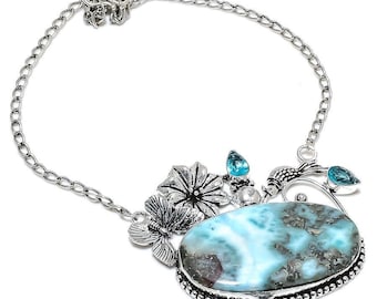 100% Genuine Larimar Necklace, Blue Gemstone Necklace, Chain Necklace, 925 Sterling Silver Jewelry, Birthday Gift, Necklace For Her