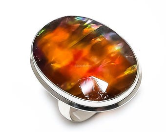 Elegant Ammolite Ring, Multi Color Gemstone Ring, Band Ring, 925 Sterling Silver Jewelry, Engagement Gift, Ring For Love