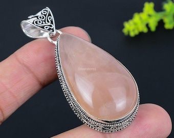 Rose Quartz Boho Pendant 925 Sterling Silver Pink Stone Jewelry
