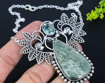 Valuable Seraphinite Necklace, Green Gemstone Necklace, Chain Necklace, 925 Sterling Silver Jewelry, Engagement Gift, Necklace For Wife