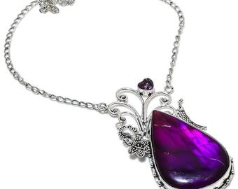 100% Genuine Labradorite Necklace, Purple Gemstone Necklace, Chain Necklace, 925 Sterling Silver Jewelry, Anniversary Gift, Necklace For Her