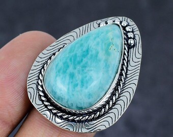 Natural Amazonite Ring,  Pear Shape Blue Gemstone Ring,  925 Sterling Silver Jewelry, Anniversary Gift, Ring For Grand Mother, Antique Gift