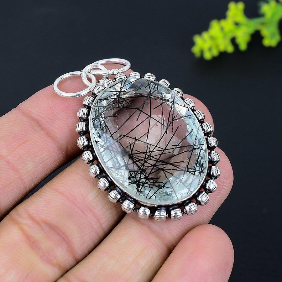 Sparkling Rutilated Quartz Pendant, Black Gemstone Pendant, Pendant, 925 Sterling Silver Jewelry, Engagement Gift, Pendant For Brides Maid