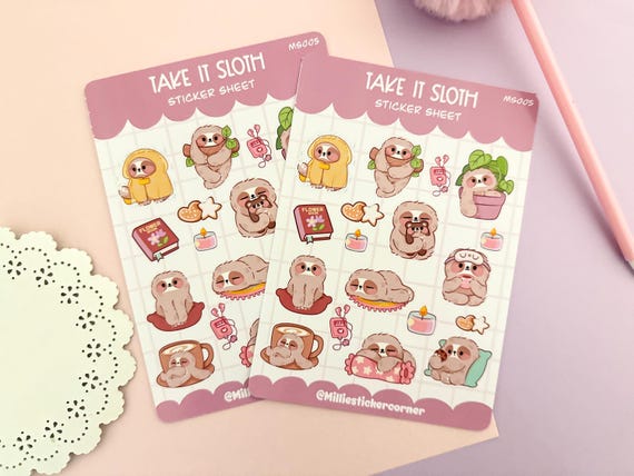 Kawaii take it Sloth Sticker Sheet: Relaxing Planner Stickers