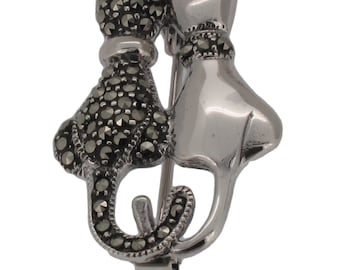 Sterling Silver Cats Design Brooch with Marcasite 925