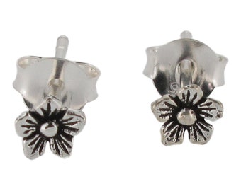 Sterling Silver Tiny Oxidized Flower Stud Earrings 925