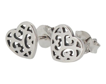 Sterling Silver Filigree Heart Stud Earrings 925