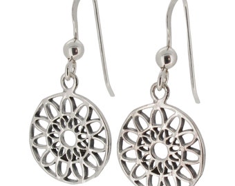 Sterling Silver Mandala Flower Drop Earrings 925