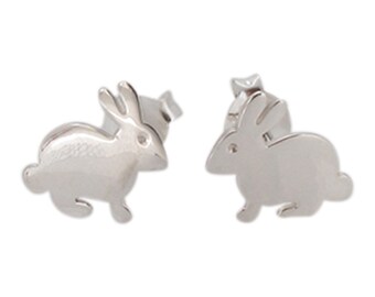 Sterling Silver Rabbit Stud Earrings 925 - Shiny