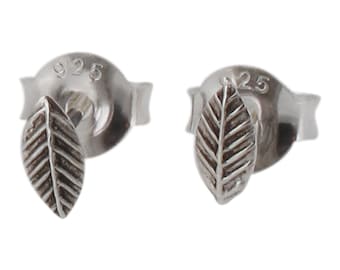Sterling Silver Tiny Leaf Stud Earrings with Oxidized Detail 925