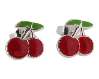 Sterling Silver Cherry Stud Earrings with Enamel 925