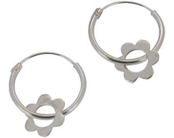 Sterling Silver Flower Charm Hoop Earrings 925  14mm Diameter Hoops