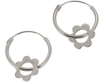Sterling Silver Flower Charm Hoop Earrings 925 14mm Diameter Hoops
