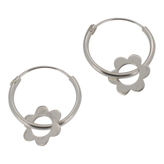 Sterling Silver Flower Charm Hoop Earrings 925 14mm Diameter Etsy UK