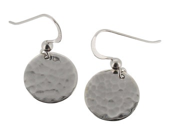 Sterling Silver Hammered Finish Disk Drop Earrings 925