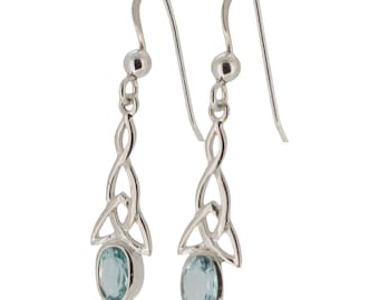 Sterling Silver Celtic Drop Earrings with Blue Topaz